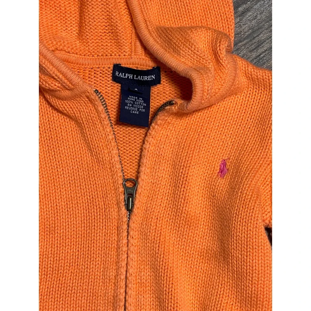 Ralph Lauren Kids Orange Cotton Zip Hoodie Jacket Size 4 Preppy Warm Pony‎ Logo